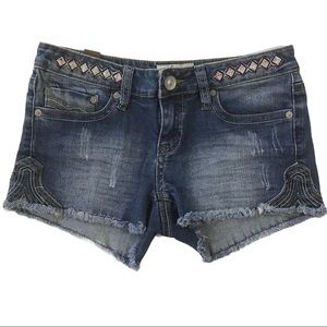 YMI Denim Jean Shorts Size 0 Decorative Stitching Distressed Frayed